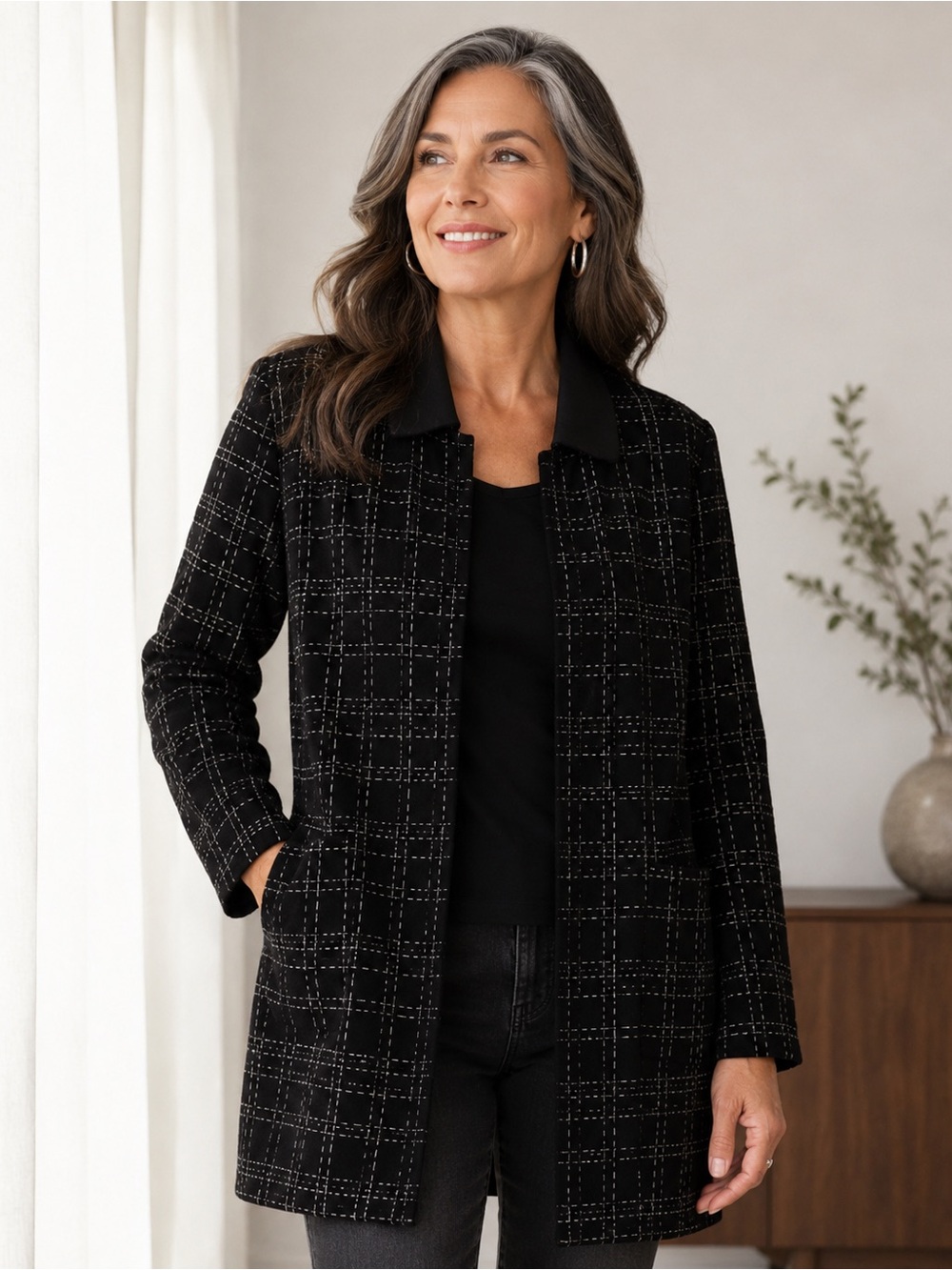 Ellen Tracy Black Grid Print Duster Jacket | NWT | Medium | Chic Layer